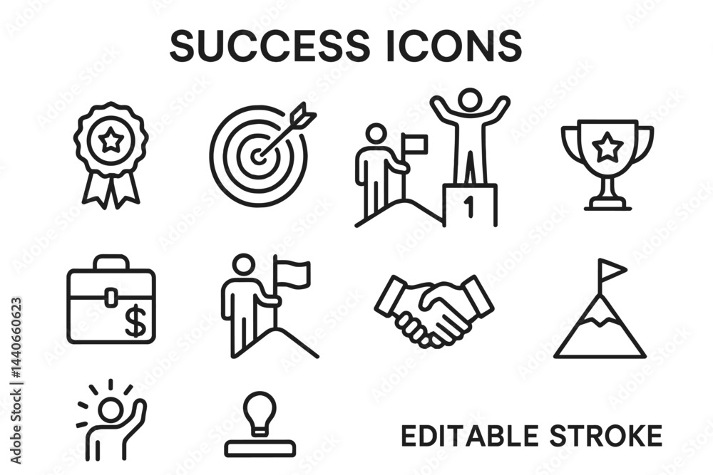 Poster collection of success icons representing achievement and goals in a minimalist design suitable for v