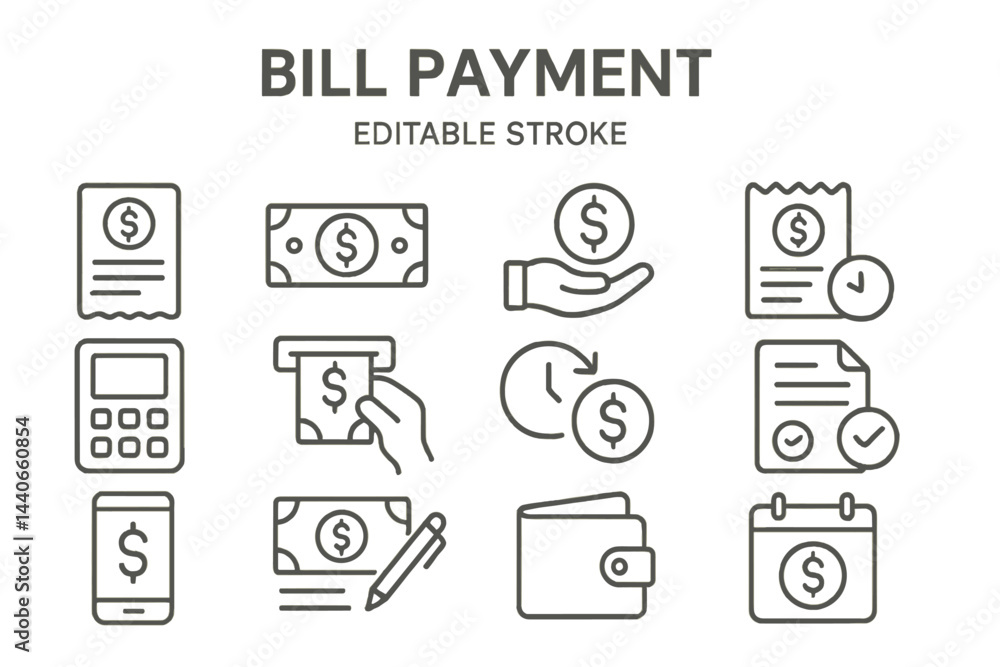 Poster various elements of bill payment in a modern financial context with icons representing payments and 