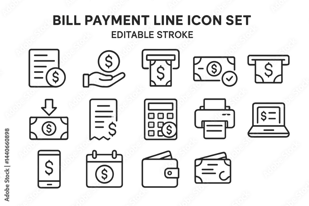 Poster line icons representing various bill payment concepts and financial transactions in a minimalist des