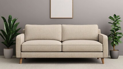 Modern living room interior with beige sofa, potted plants, and frame, stylish home decor for comfortable lifestyle.