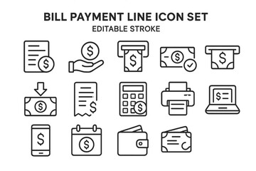 Line icons representing various bill payment concepts and financial transactions in a minimalist design