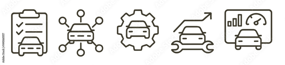 Poster symbols representing automotive services and processes used in vehicle maintenance and monitoring ef