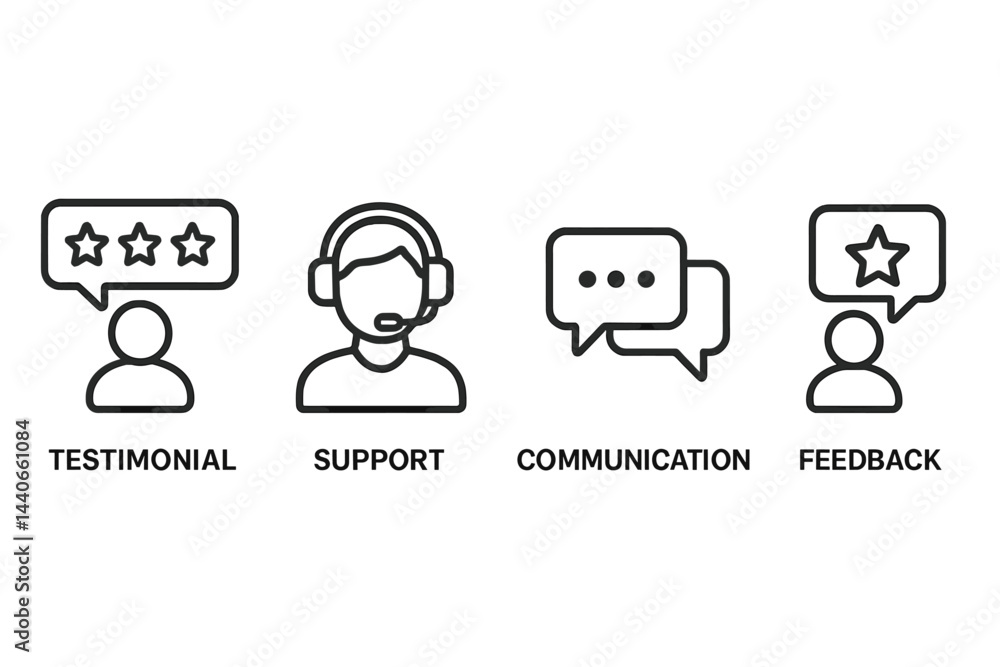 Poster support and communication icons represent customer feedback and testimonials in a minimalistic desig