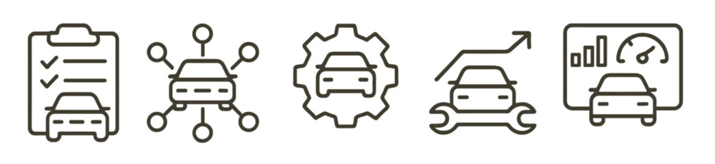 Symbols representing automotive services and processes used in vehicle maintenance and monitoring efficiency metrics
