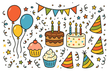 Colorful celebration decorations with cakes, balloons, and party hats for a joyful birthday party atmosphere
