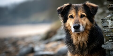 Dog resting near rocky shore with a calm expression under soft natural light in a tranquil outdoor setting