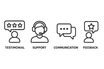 Support and communication icons represent customer feedback and testimonials in a minimalistic design