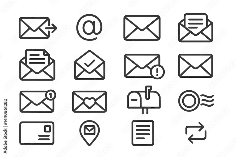 Poster collection of email icons representing messaging concepts in a minimalistic style