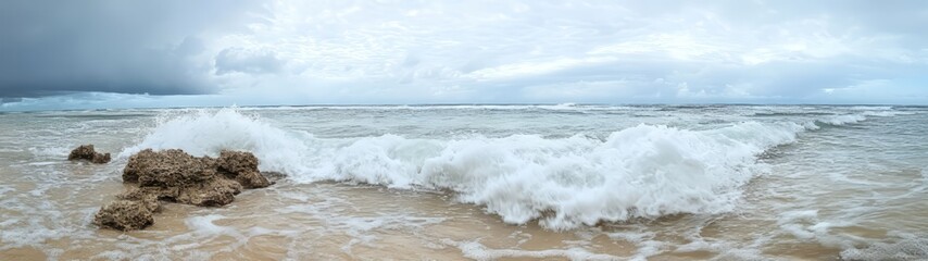 Fototapeta premium Waves crashing on rocky shore ocean beach 360 degree hdr landscape view