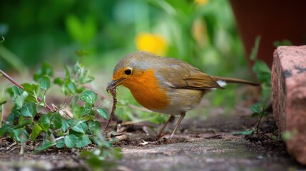 Obraz premium European Robin Foraging Earthworm, Garden Close-up