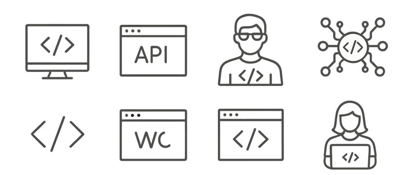 Coding concepts represented through simple line icons showcasing various programming elements and roles