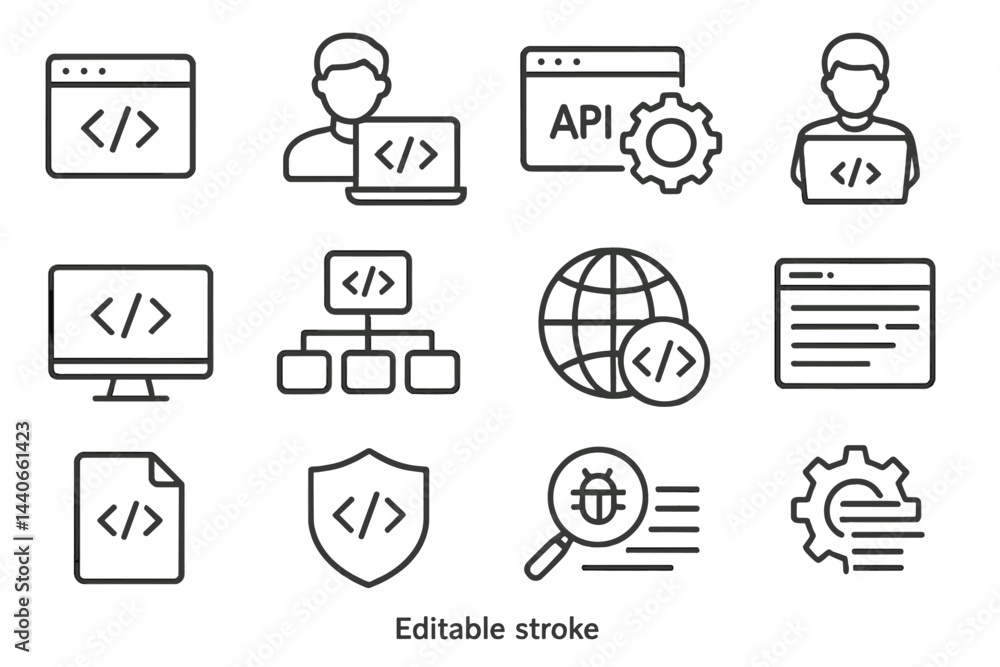 Poster icons representing programming, web development, and technology tools in a minimalist style with a c