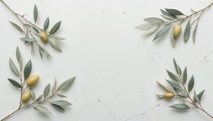 Minimalistic arrangement of olive branches with ripe olives on a marble background