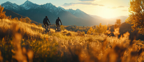 Two cyclists riding through the hills at sunset. Silhouettes against the background of mountains and orange sky. The concept of outdoor activities, adventure, freedom, sport and nature.