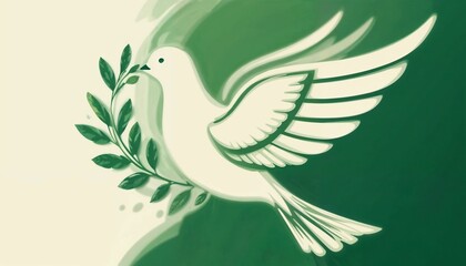 White dove holding an olive branch in green tones on a soft background