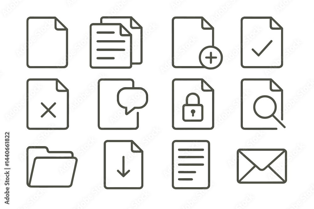 Poster collection of outlined document icons representing various file actions and statuses in a minimalist