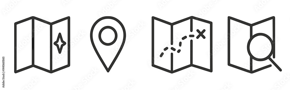 Poster map icons representing navigation and exploration features with compass, location marker, and treasu