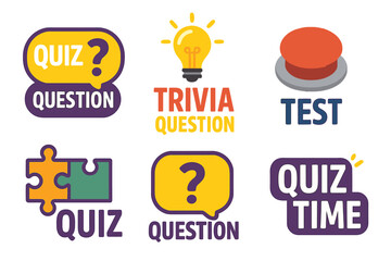 Engaging quiz and trivia design featuring question prompts, a light bulb, a button, and puzzle pieces