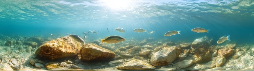 Fototapeta premium Underwater 360 degree hdr scene of fish and rocks marine environment ocean view