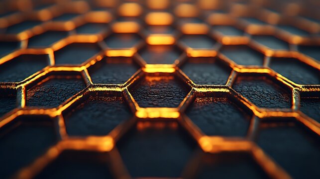 Abstract Glowing Honeycomb Pattern: Modern Tech Backdrop for Futuristic Designs and Conceptual Visualizations with Depth of Field.
