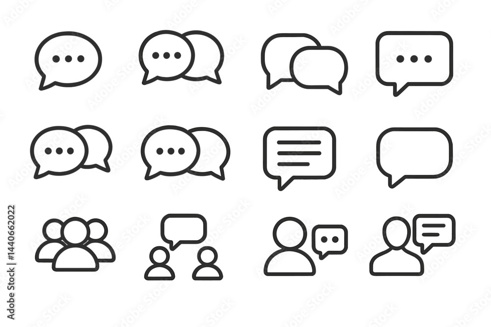Poster collection of speech bubbles and conversation icons designed for communication and dialogue represen