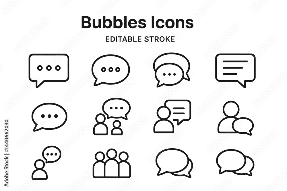 Aufkleber bubbles icons set showcasing various speech and chat bubble designs in black line style for communic