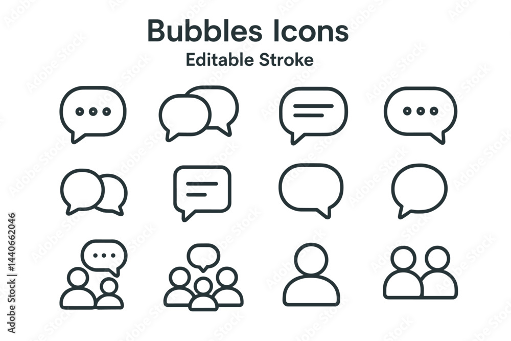 Poster collection of speech bubble icons showcasing various communication styles and group interactions for