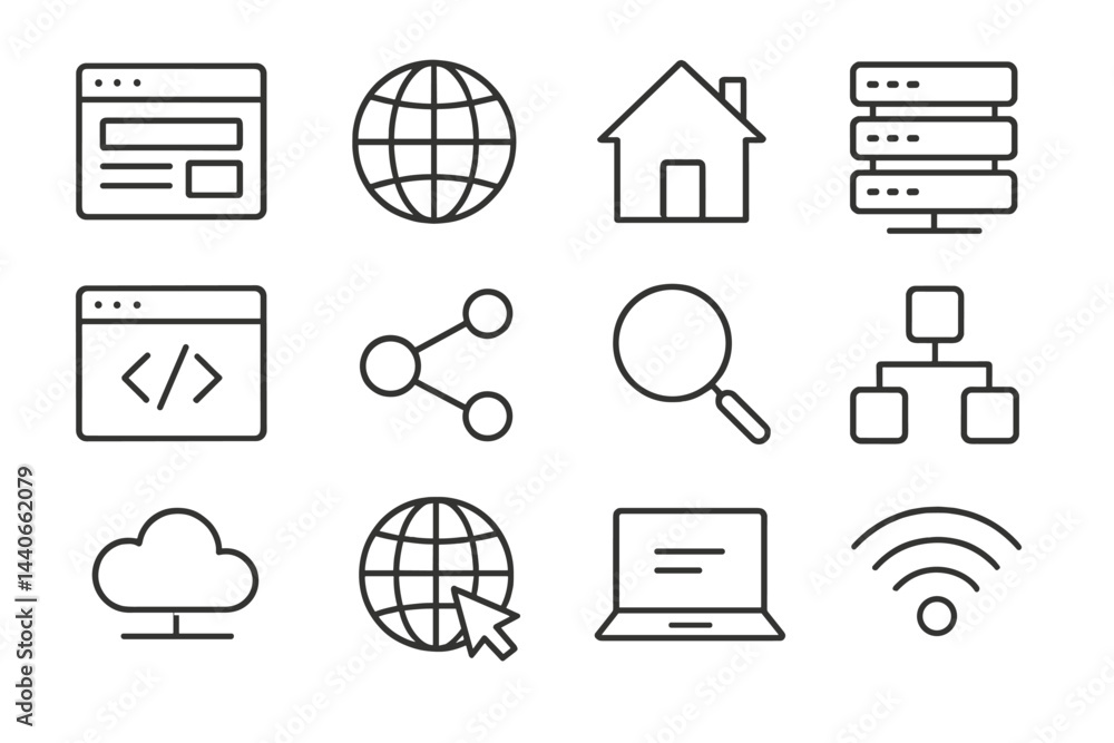 Poster set of line icons representing digital concepts and web elements for technology and internet-related