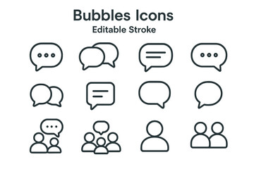 Collection of speech bubble icons showcasing various communication styles and group interactions for design use