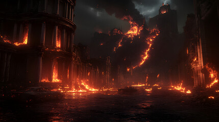 Obraz premium Lava surges through the skeleton of an abandoned city, igniting old buildings and vehicles as it spreads rapidly.