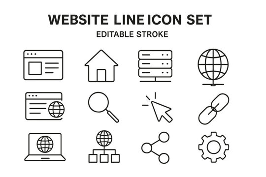 Collection of modern website line icons featuring various digital elements and themes for web design projects