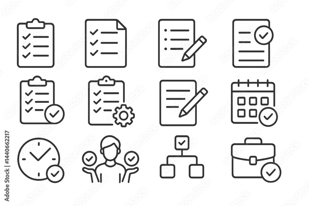 Poster checklist icons representing organization, planning, and task management for efficient workflow and 