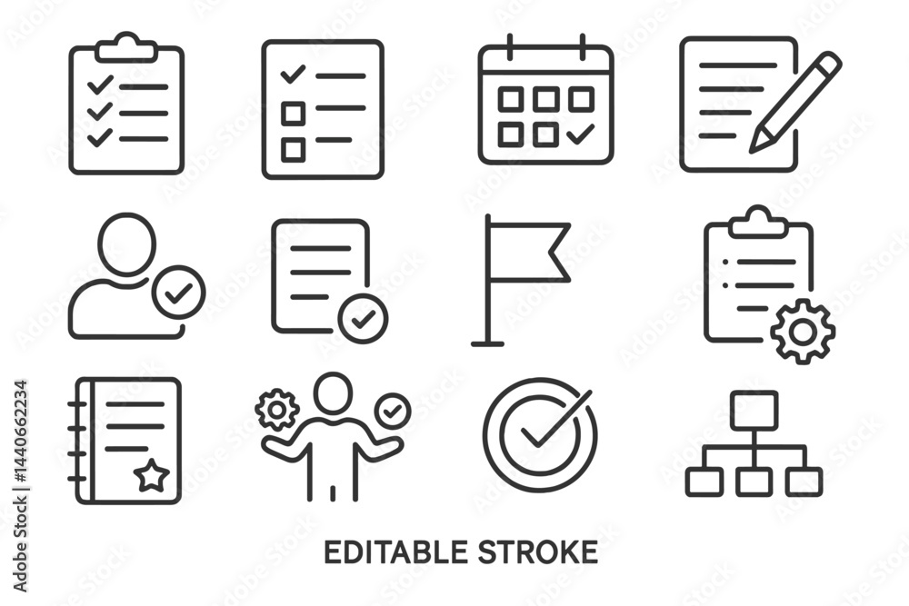 Poster various task and project management icons designed for productivity and organization in work setting