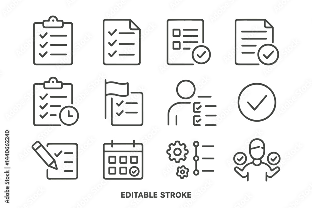 Poster collection of simple checkmark icons representing tasks, lists, and progress in various formats and 