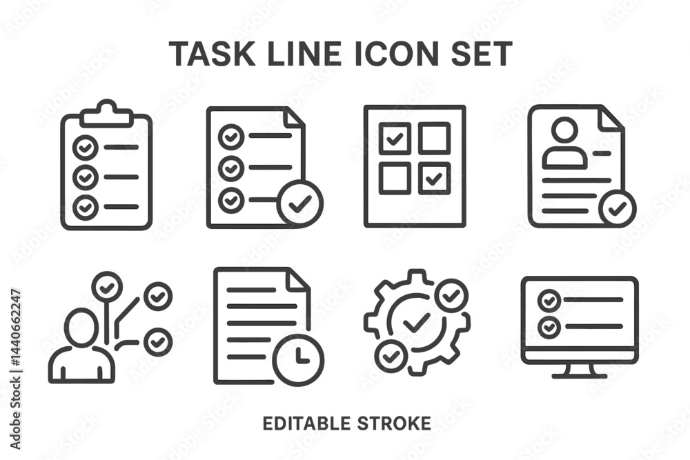 Poster task line icon set illustrating various documentation and workflow elements for project management a
