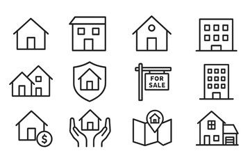 Fototapeta premium Collection of simple line drawings depicting various types of houses, real estate signs, and home-related themes
