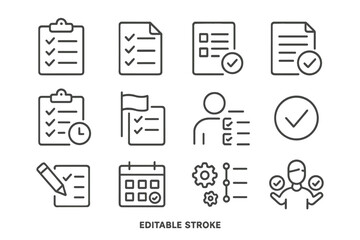 Collection of simple checkmark icons representing tasks, lists, and progress in various formats and styles