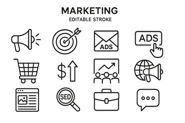 Marketing icons collection showcasing key elements for advertising strategies and business growth