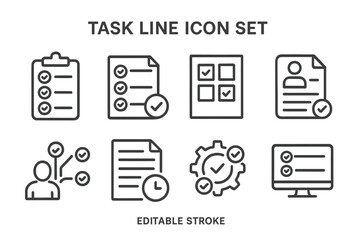 Task line icon set illustrating various documentation and workflow elements for project management and organization