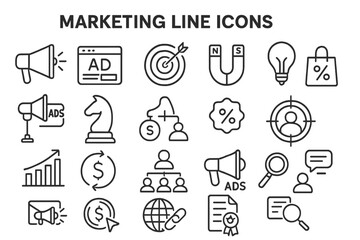 Marketing line icons featuring diverse symbols related to advertising, analytics, and customer engagement in a modern design