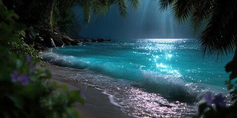 Serene tropical beach at night with moonlit waves and calm waters