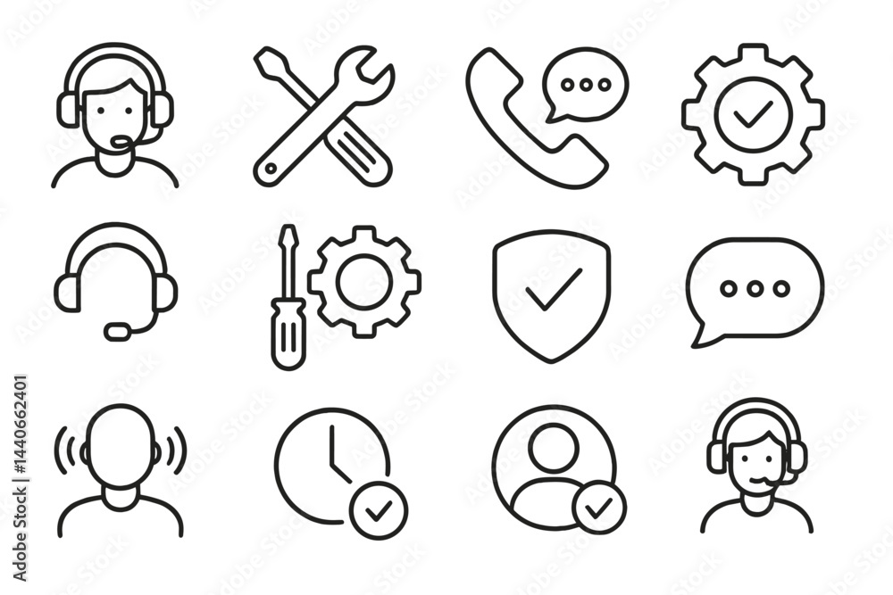 Poster support icons display various communication and service-related symbols suitable for a support or te