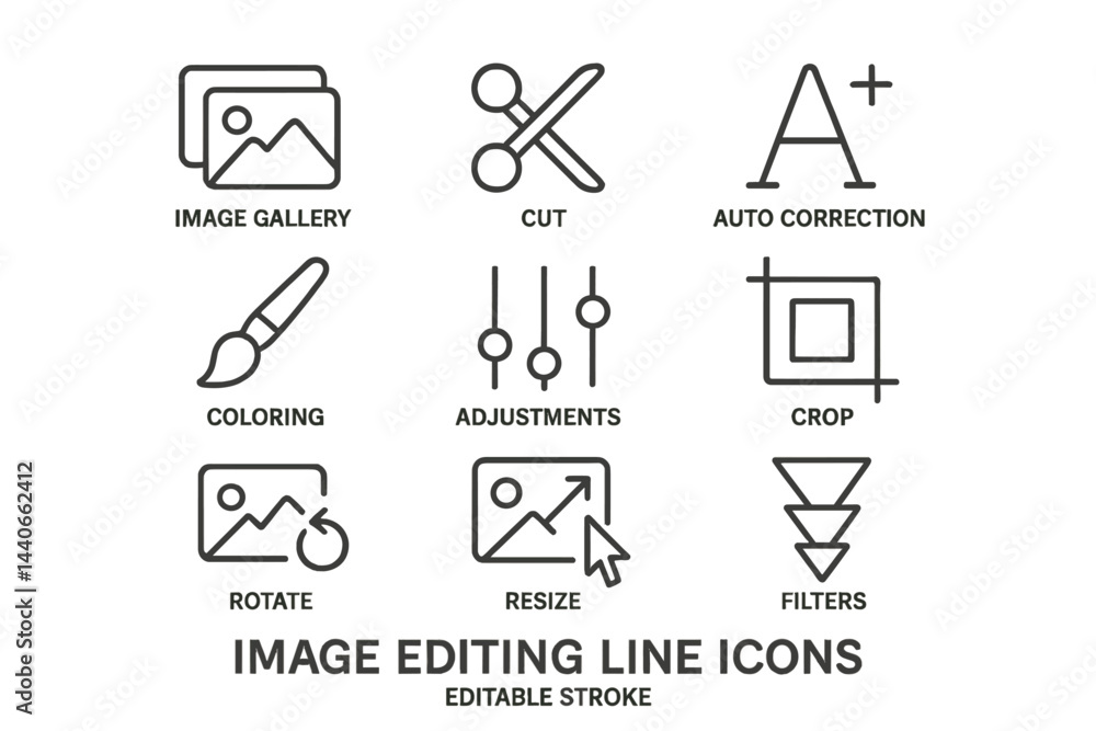 Poster image editing line icons showing various tools and options for enhancing and adjusting visual media 