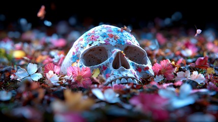Skull Decorated with Flowers Surrounded by Colorful Petals