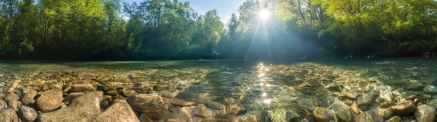 Nature’s serenity 360 degree hdr view of a tranquil river scene in the woods