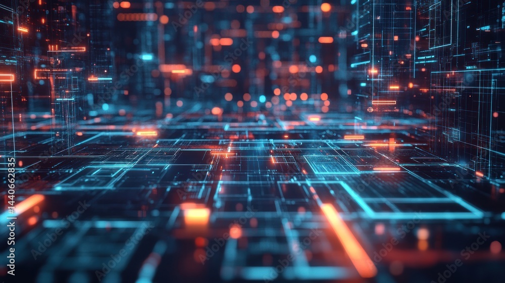 Poster abstract digital data network, glowing lines and nodes forming a futuristic cityscape.