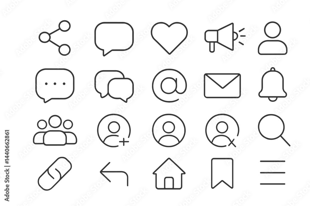Poster collection of various social media icons showcasing communication and notifications for user interac