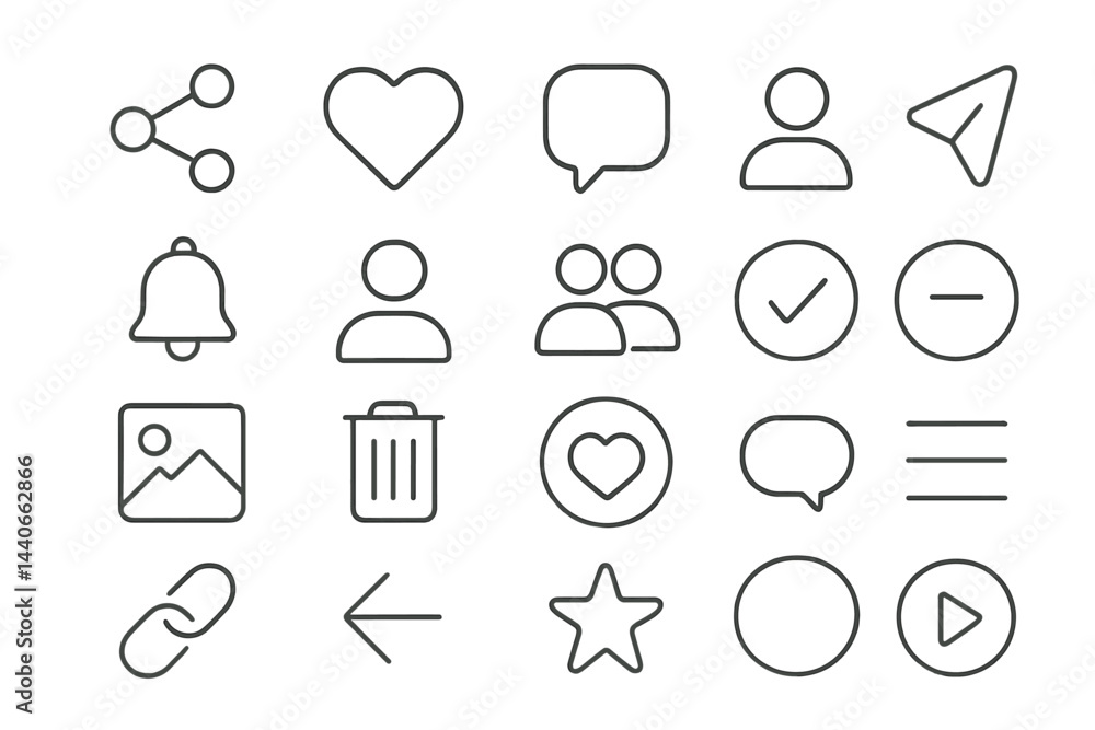 Aufkleber collection of minimalistic icons representing various user interactions on social media platforms