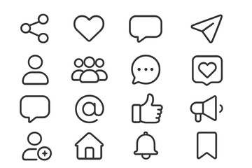Collection of social media icons depicting interaction, communication, and engagement features in a digital format
