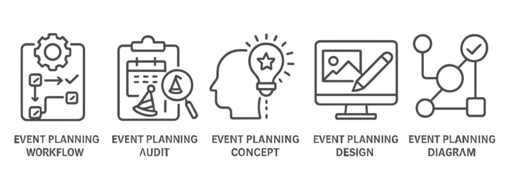 Event planning elements illustrated with workflow, audit, concept, design, and diagram in a minimalistic style